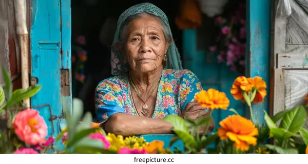 Portrait of an elderly woman in a headscarf standing in front of a blue door