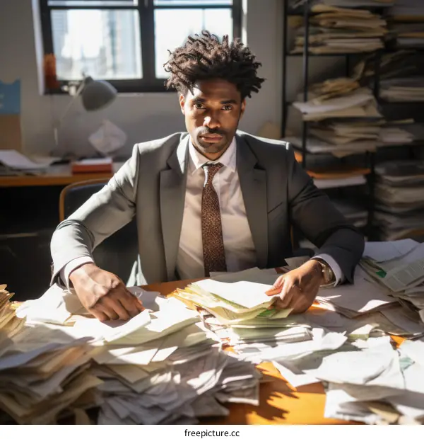 A man sits at a desk surrounded by paperwork