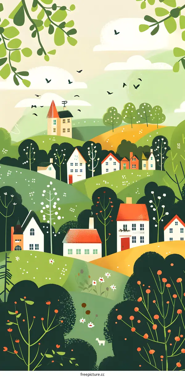 Green Hills With Houses And Birds In The Sky Illustration