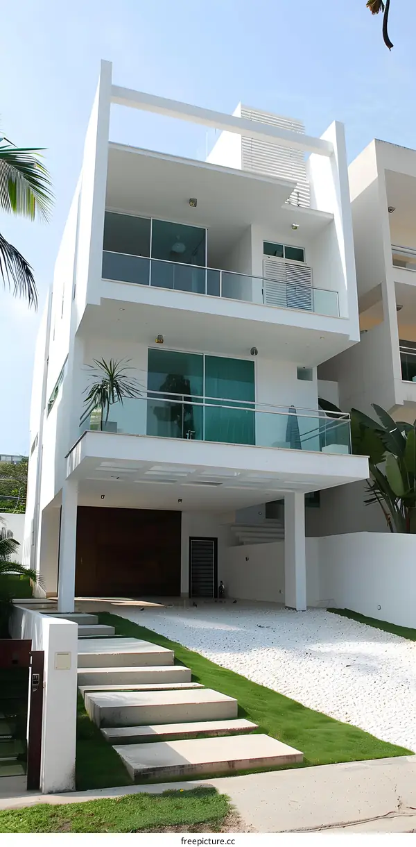 Modern White House with Glass Balconies