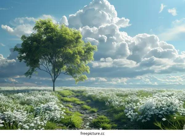 Solitary Tree Amidst a Field of Spring Blossoms