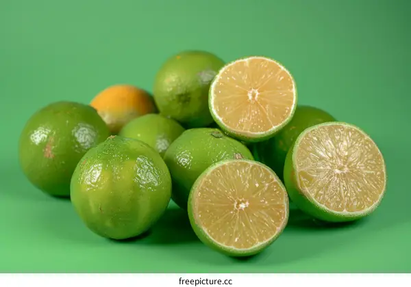 A pile of green limes with two cut in half