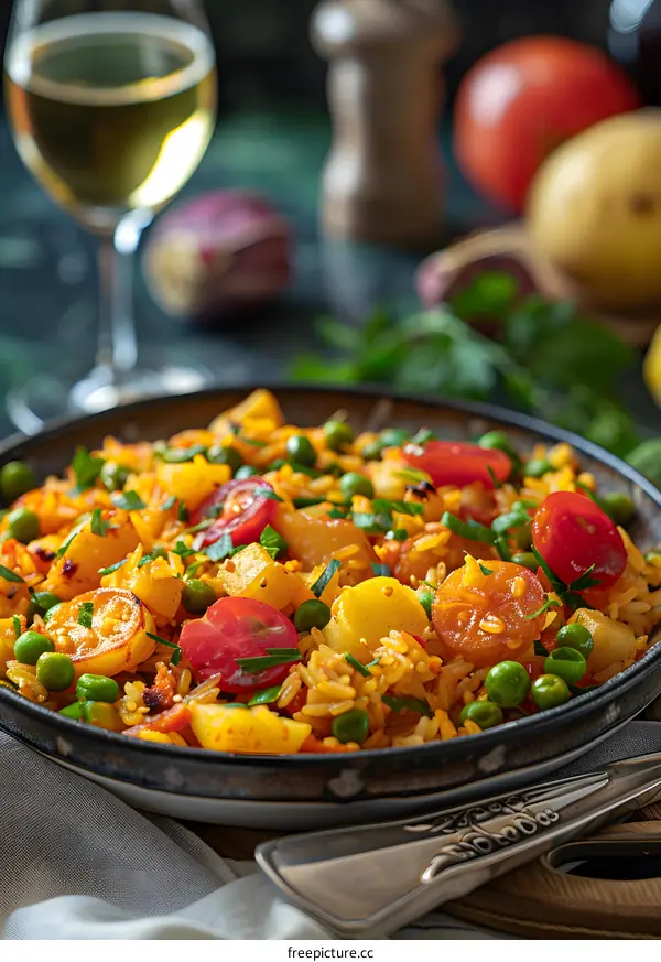 A plate of delicious paella with chicken, vegetables, and saffron rice.