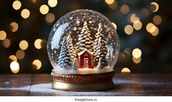 A snow globe with a red house inside
