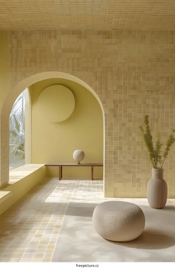 An interior space with a curved wall and a large vase