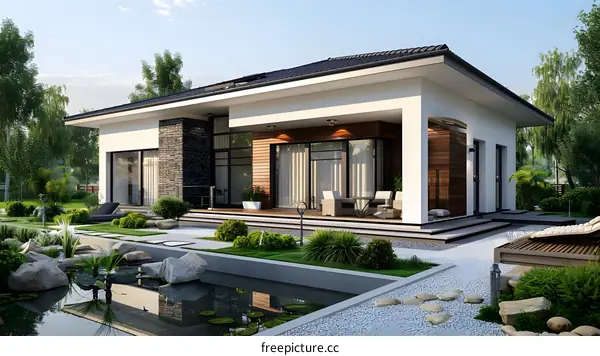 A modern house with a beautiful garden and a pond