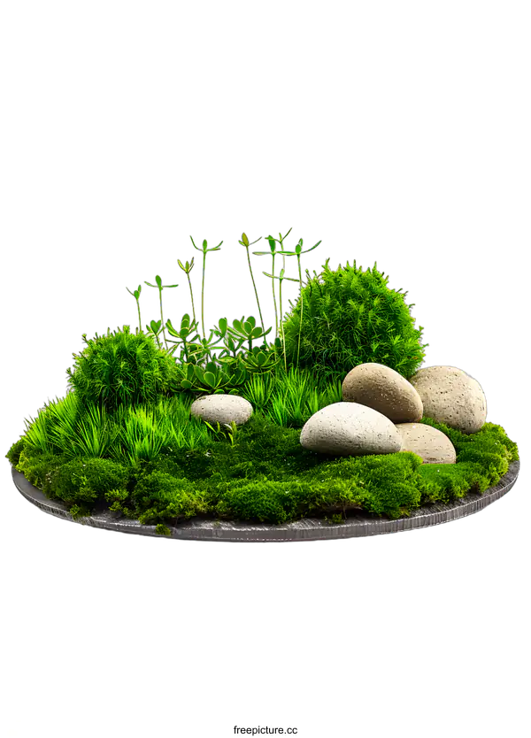 [Transparent Background PNG]Green Moss with Stones on Round Wooden Plate