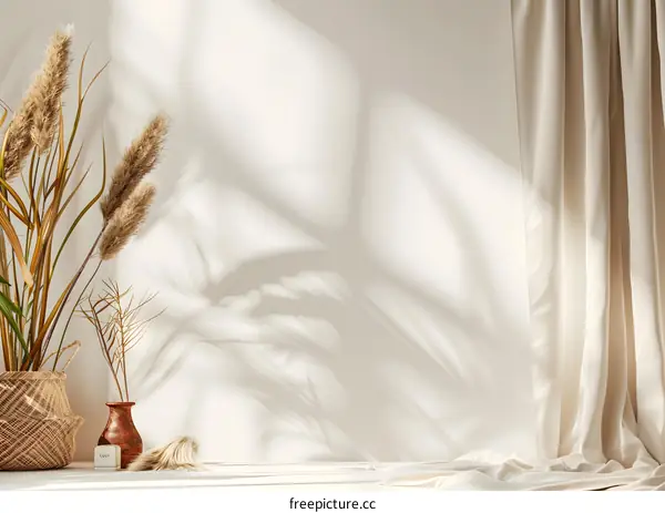 Minimalist Home Decor with Dried Pampas Grass and a White Curtain