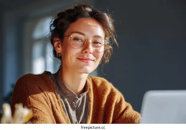 Confident Woman with Glasses in a Cozy Setting