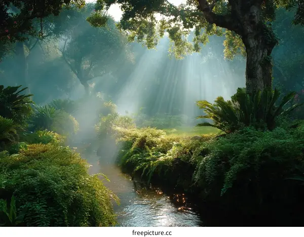 Misty Forest Stream Sunlight