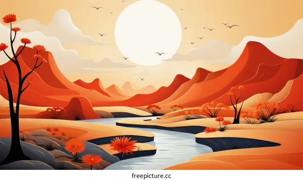 River flowing through a canyon with a large moon in the background