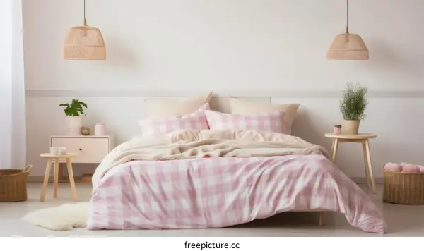 A cozy pink and white bedroom with a gingham duvet cover