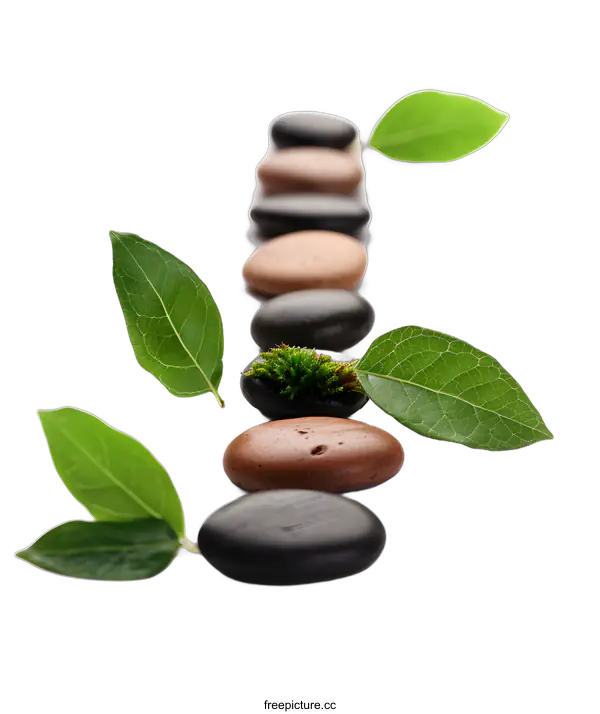 [Transparent Background PNG]Black and Brown Stones with Green Leaves on a White Background