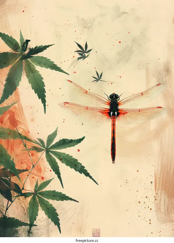 Red Dragonfly on Cannabis Leaves