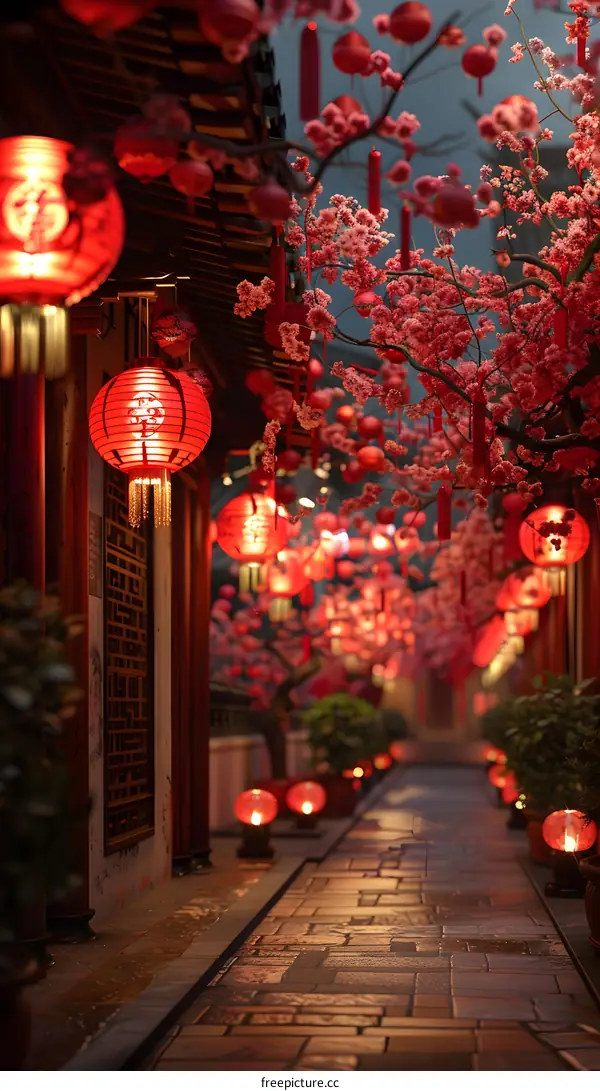 Red lanterns and cherry blossoms