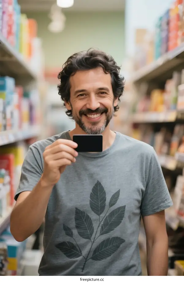 A man holding a smartphone in a supermarket aisle smiling