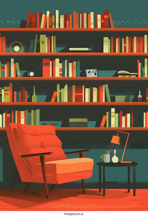 Bookcase with a Red Armchair and a Side Table