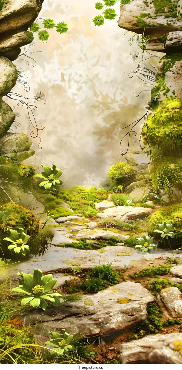 Fantasy Green Landscape with Stone Pathway and Flowers