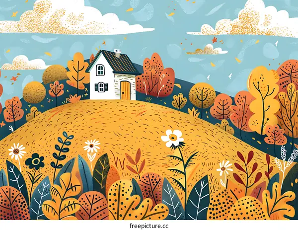 Autumn Landscape with House and Sky