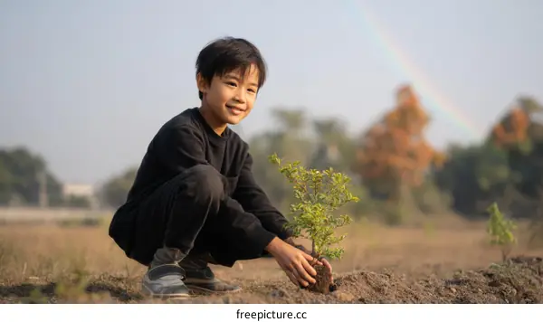 Smiling Boy Planting a Tree in a Field with Rainbow