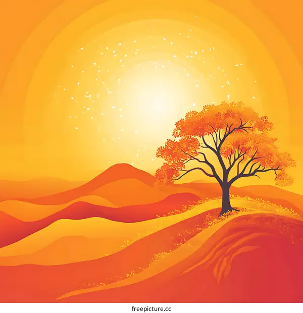 Autumn Landscape with Orange Tree and Sunset