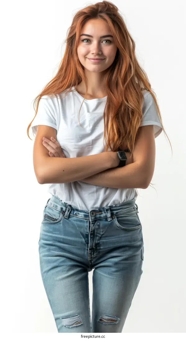Redhead woman in white shirt and blue jeans
