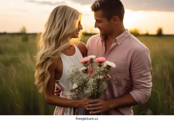 Young couple in love standing in a field of wheat