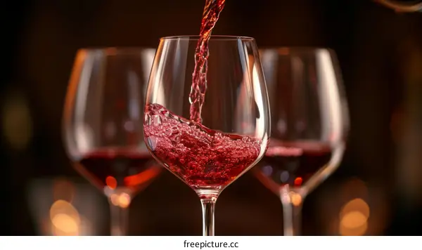 Red wine being poured into a glass with two glasses in the background