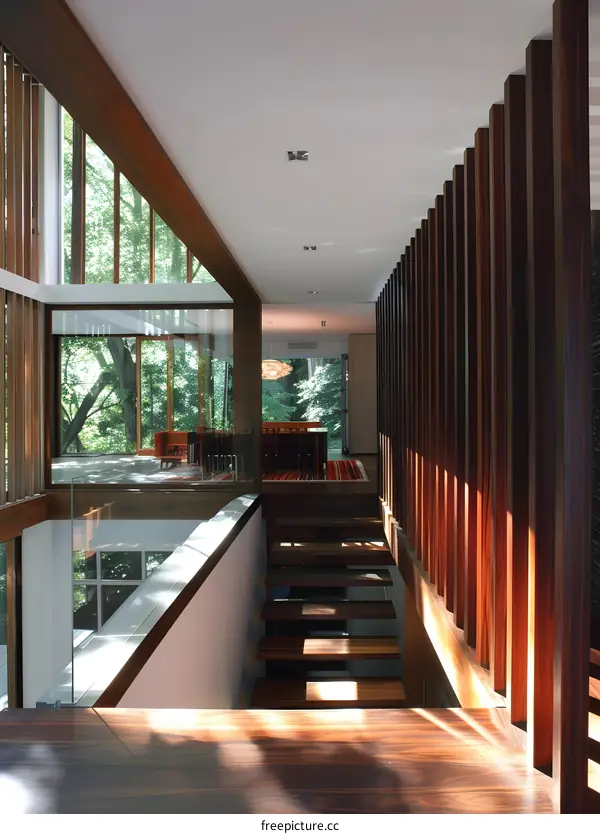 Modern Home Interior Design With Wooden Staircase And Large Windows