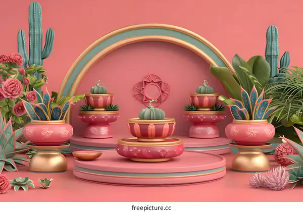 Cactus Plants in Pink and Gold Potted Minimalist Style 3D Illustration