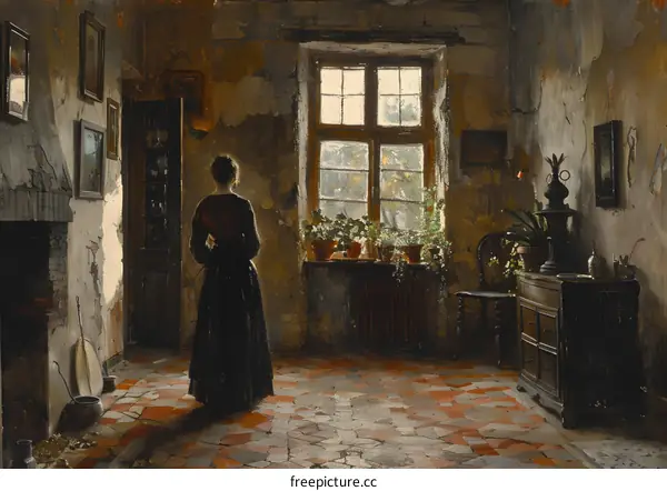 A woman standing in a room with a window