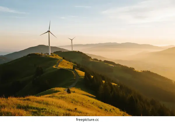 Wind turbines on a hill under a beautiful sunrise sky