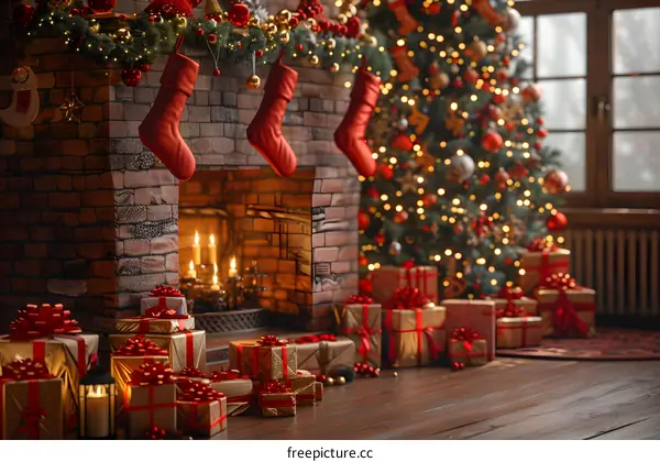 Christmas tree by the fireplace