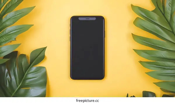 Smartphone on Yellow Background with Green Leaves
