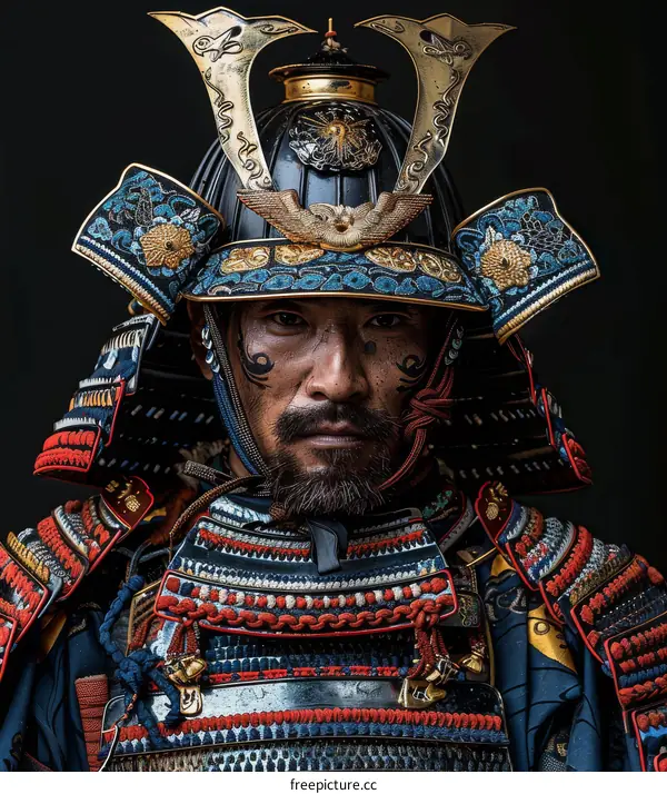 Portrait of a samurai warrior wearing a traditional Japanese helmet