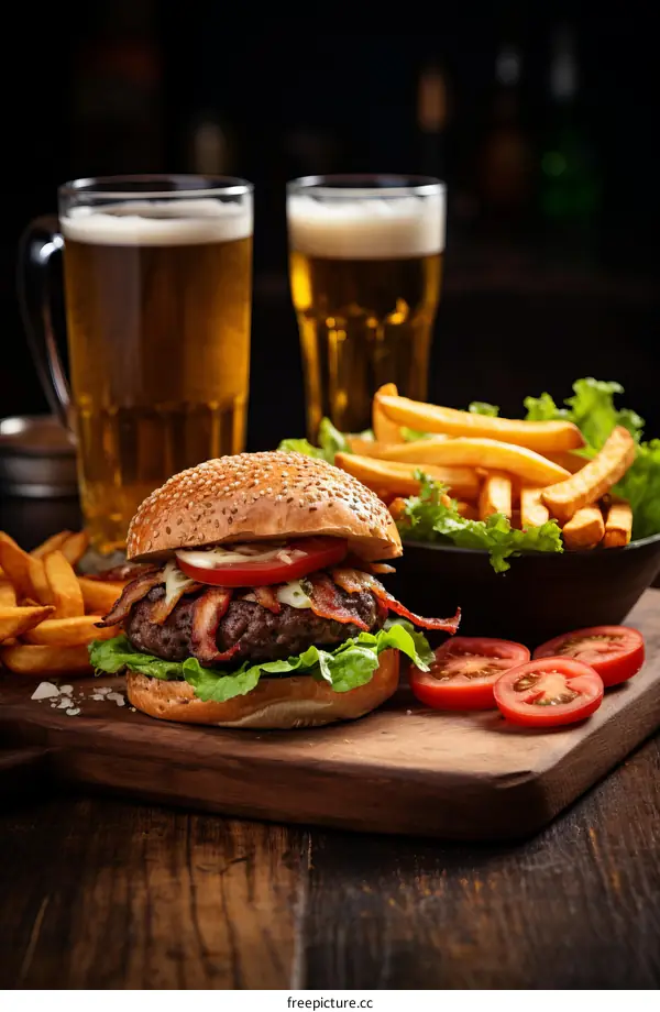 Mouthwatering Burger with Fries and a Frothy Beer