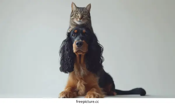 A cat is sitting on the head of a dog