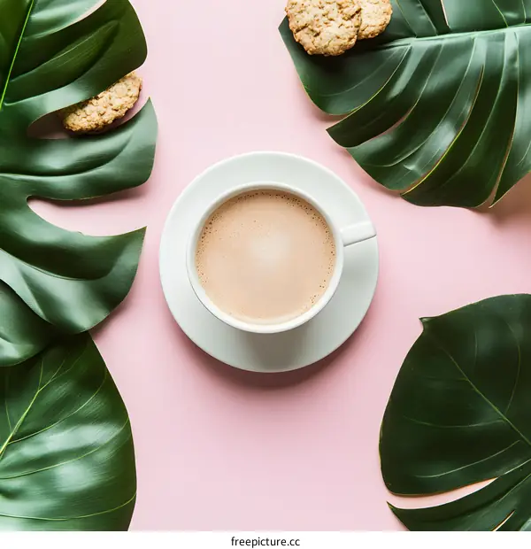 Coffee Cup with Monstera Leaves on Pink Background