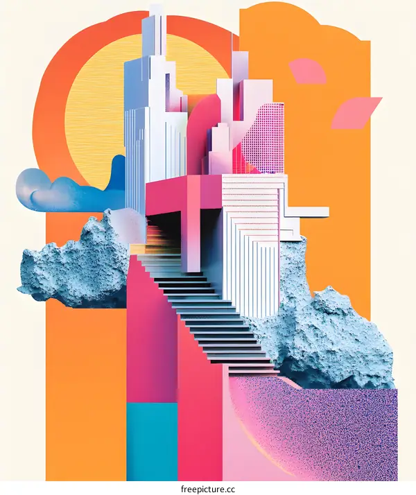 Abstract Modern Cityscape Illustration With Colorful Geometric Shapes