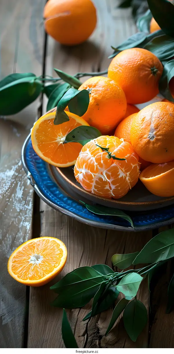 Fresh Oranges with Green Leaves on Wooden Table
