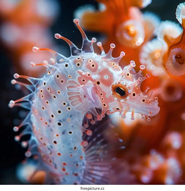 A tiny orange and white seahorse with a big head and a long snout.
