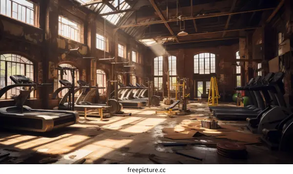 The abandoned gym is full of dust and sunlight