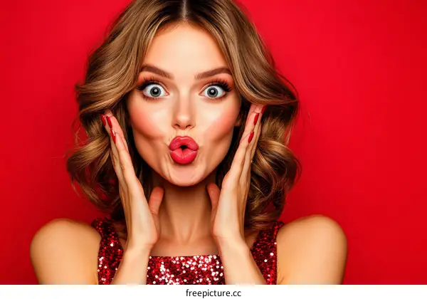 Attractive Woman with Red Lipstick in Surprise Pose
