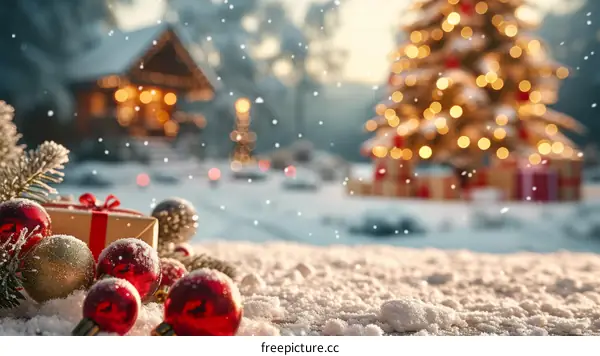 Christmas tree with presents in the snow