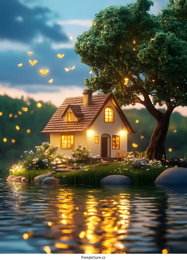 Small Cottage on a Lake Island at Sunset