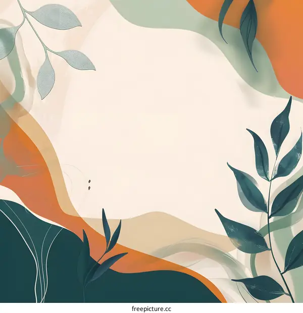 Abstract Artistic Watercolor Background with Green Leaves and Wavy Shapes