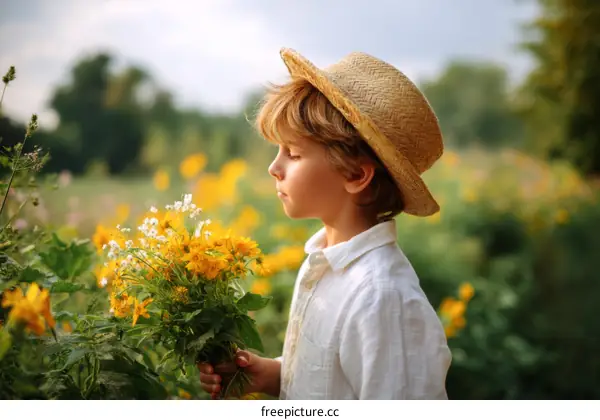 A Boy with Flowers in a Field