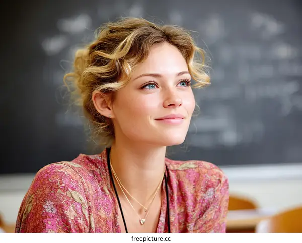 Thoughtful Woman in a Classroom Setting