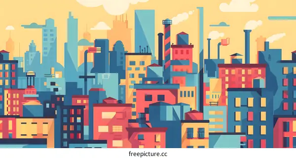 Cityscape Illustration with Colorful Buildings and Factories