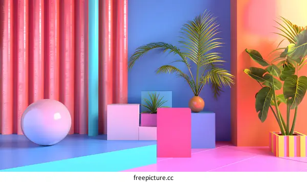 3D Rendered Abstract Minimalist Background with Geometric Shapes, Plants, and Pastel Colors